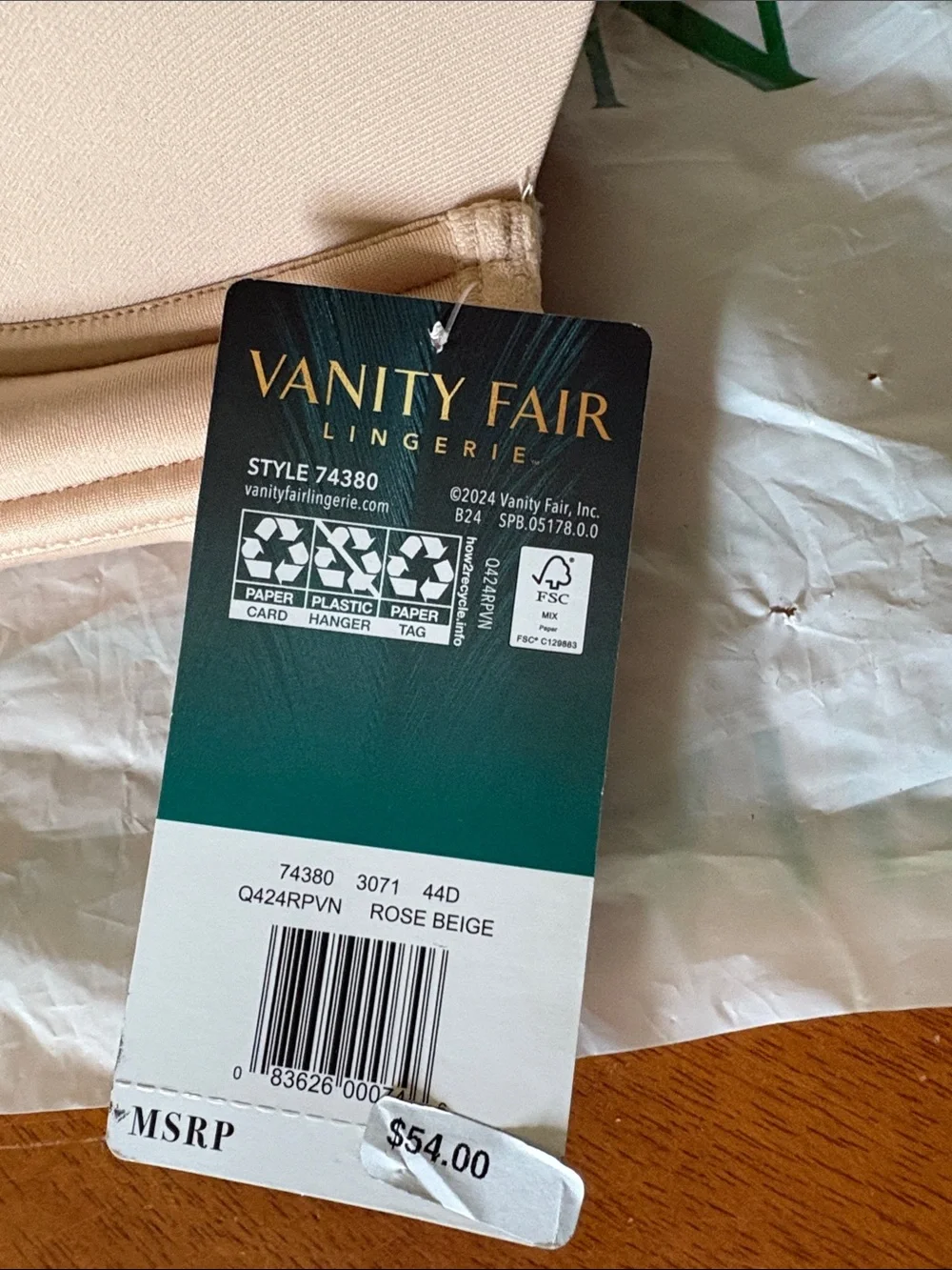 Vanity Fair Rose Beige Strapless Underwire Bandeau Bra